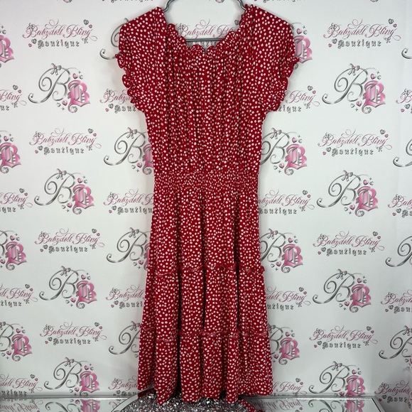 Kate and lily dress milkmaid cottage Elegant Red Polka Dot Midi Dress - Picture 2 of 6